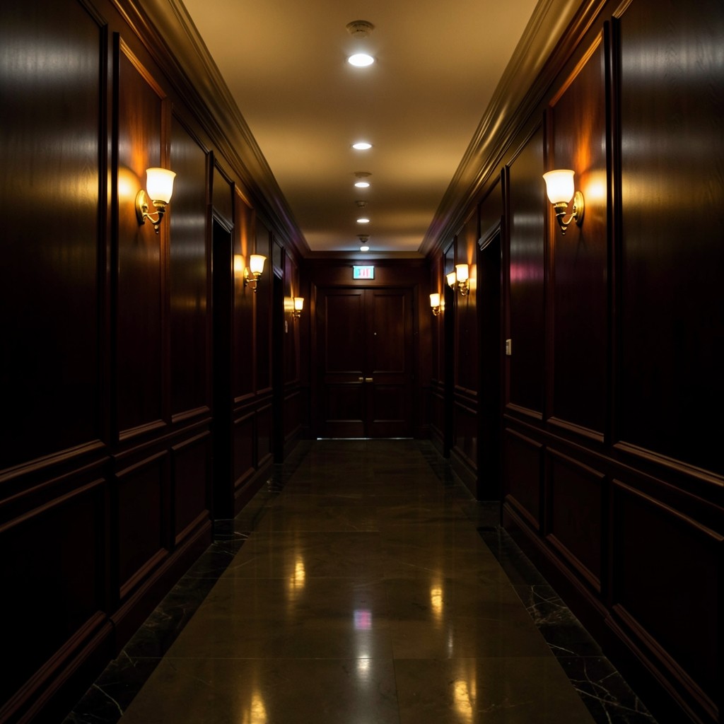 Quiet Bangkok office corridor with warm sconces and dark wood finishes