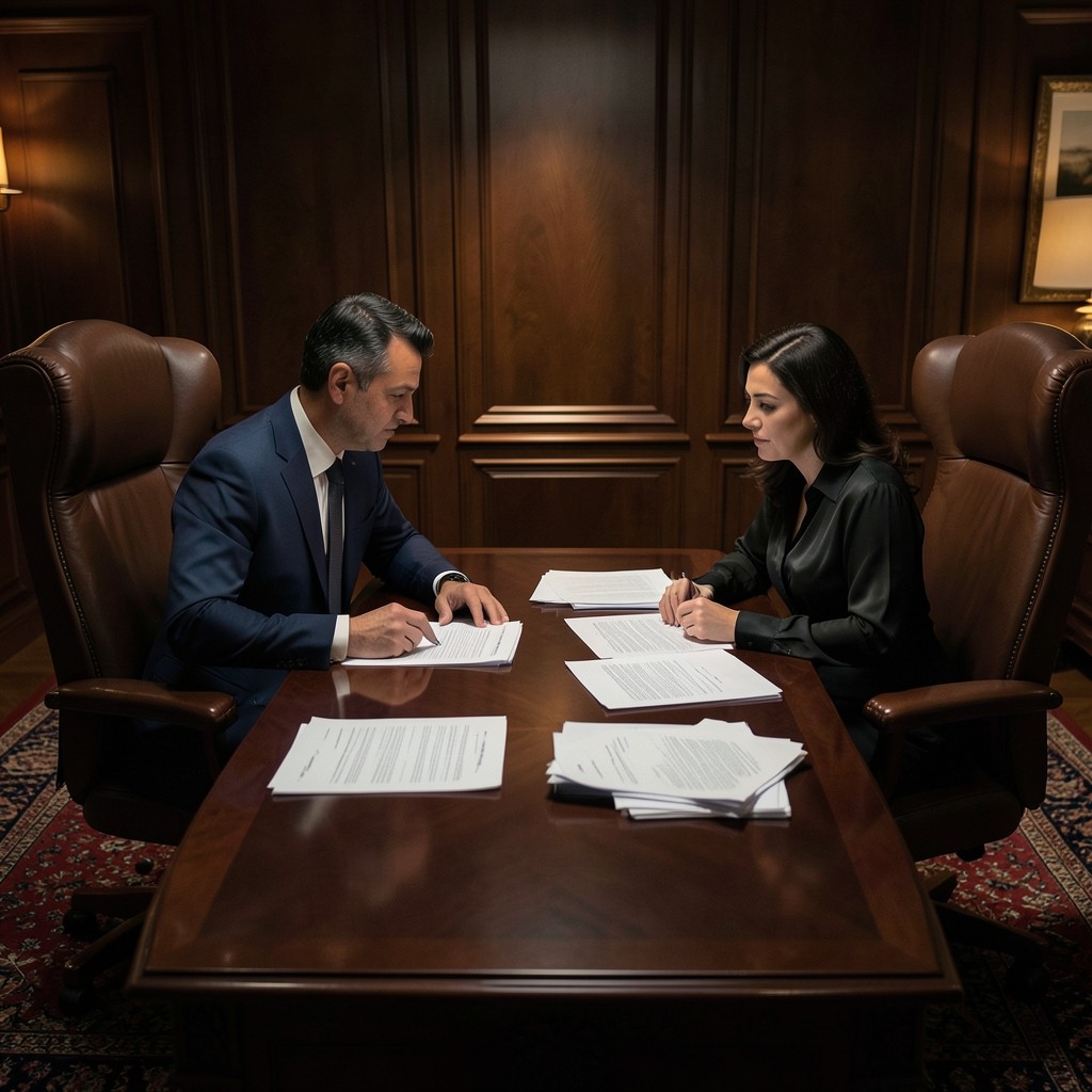Two analysts reviewing printed settlement tables at a conference table