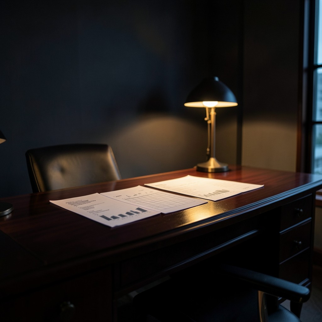 Dimly lit Bangkok workspace with printed commerce charts and warm desk lamp light