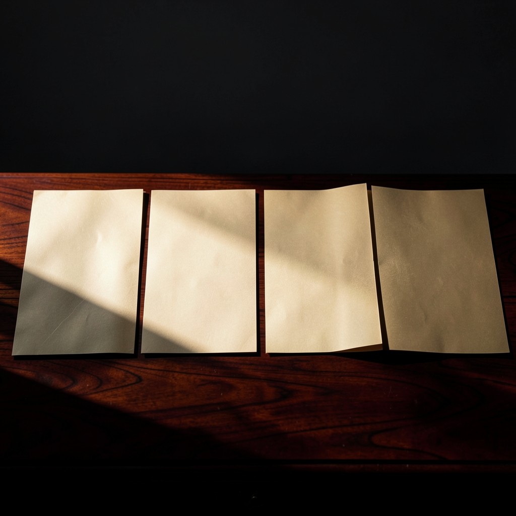 Sequence of printed briefing pages on a dark desk under directional light