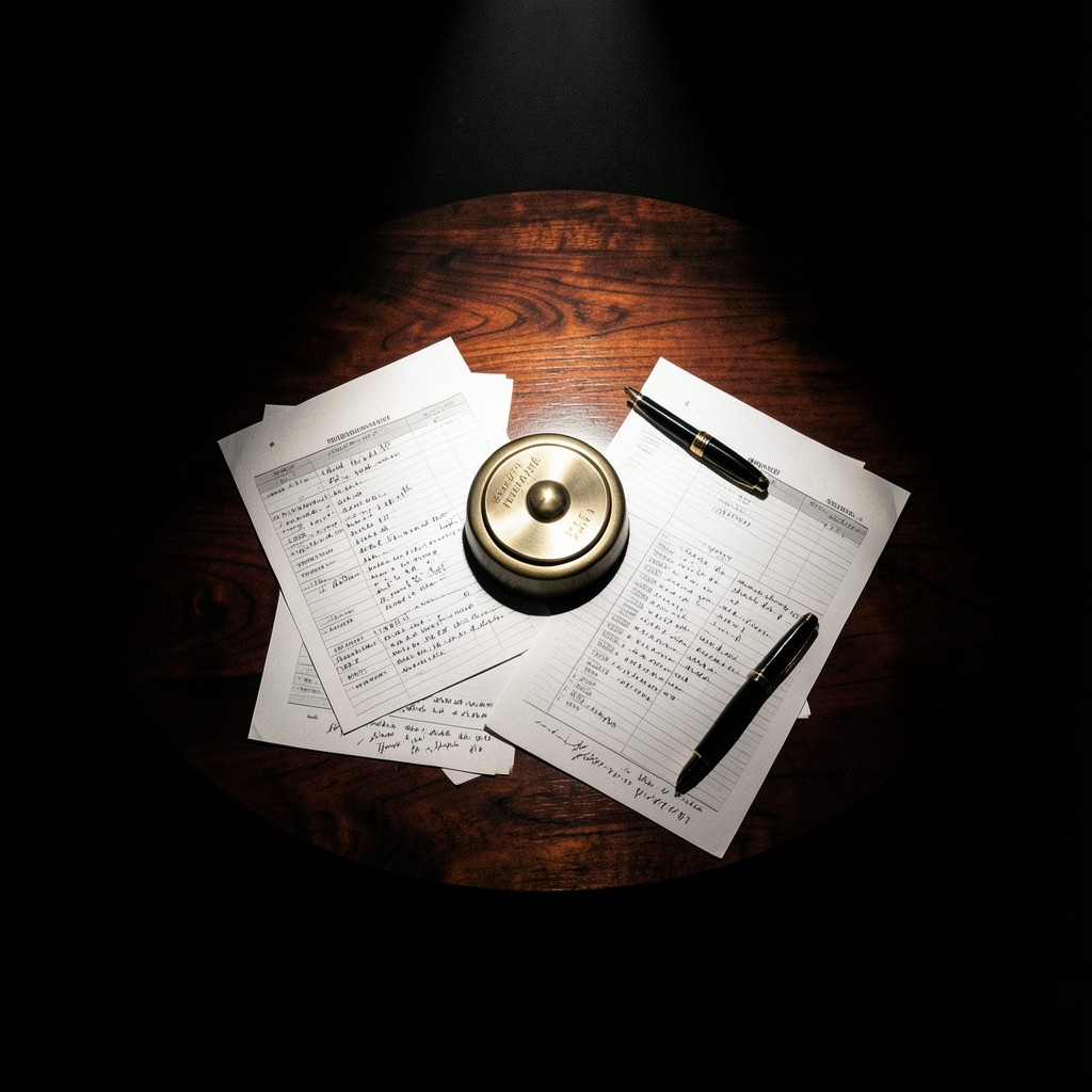 Printed audit tables and notes spread across a dark wooden table